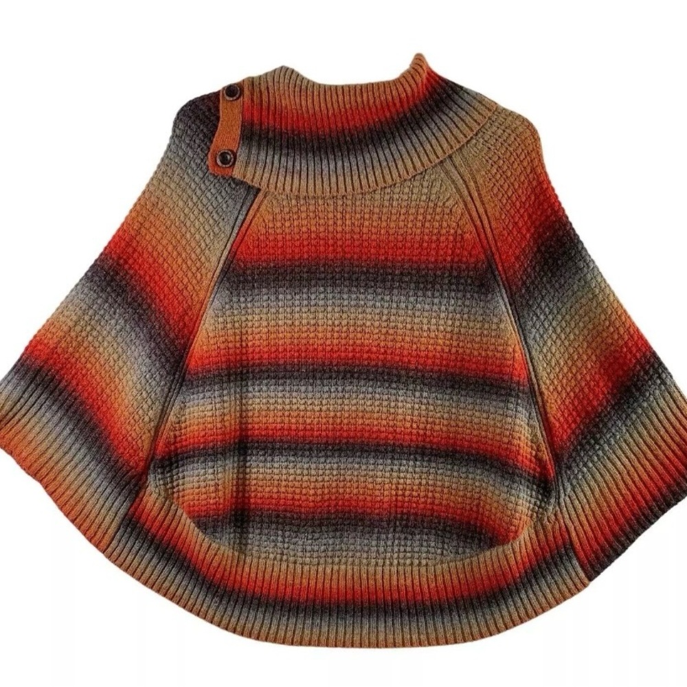 🤩 NEW ITEM Democracy Poncho L XL Knit Orange Gray Brown Sweater Cape Wool Blend - Picture 2 of 5